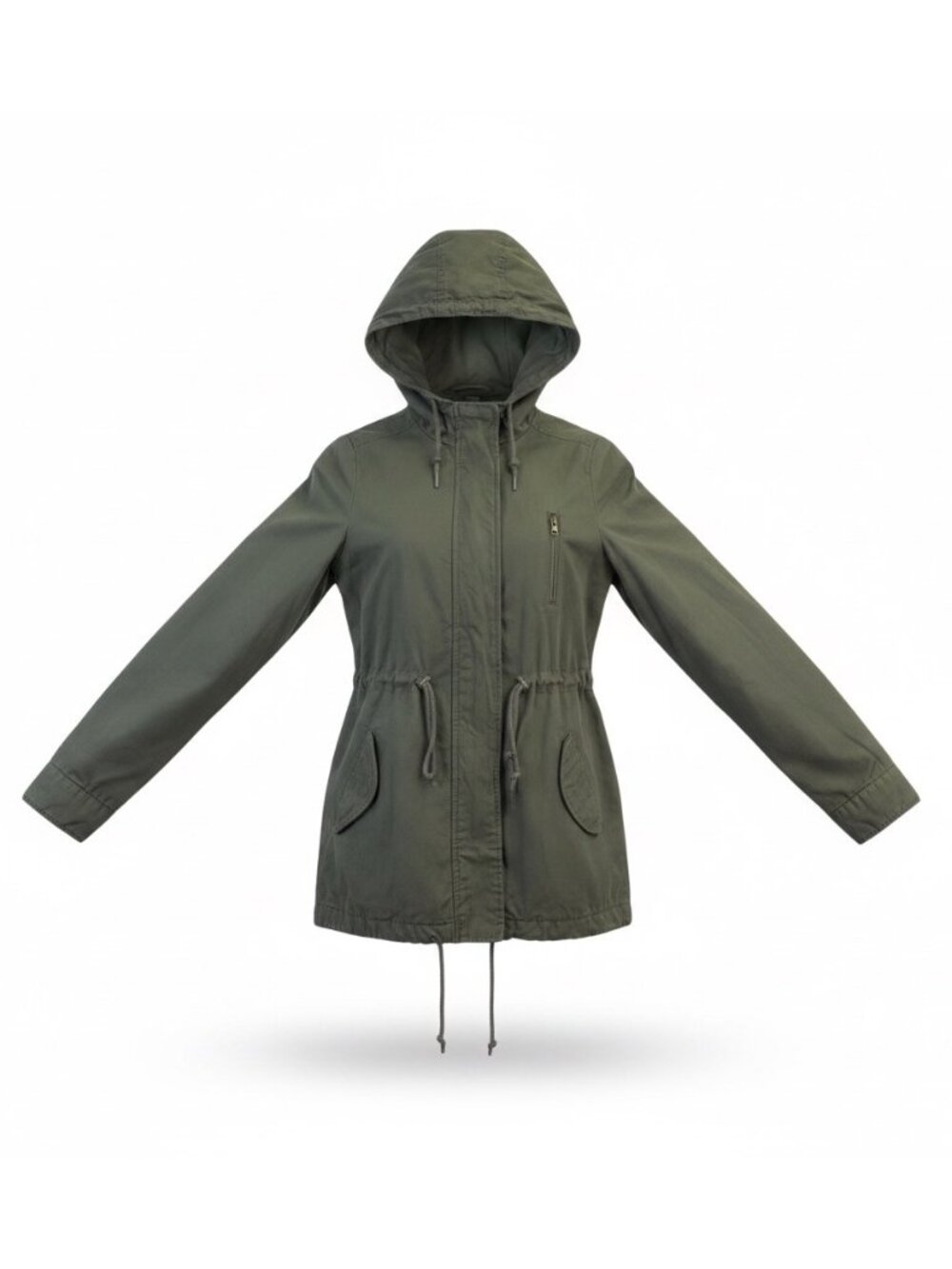 Ambiance Outerwear Womens Olive Hooded Utility Jacket Drawstring Waist Sz L